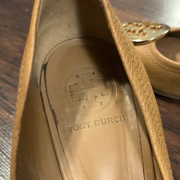 TORY BURCH TAN LEATHER PEEP TOD WEDGE HEELS - Picture 4 of 9